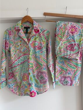 Lauren Ralph Lauren Paisley Button-Up Panama Top and Pants 100% Cotton S